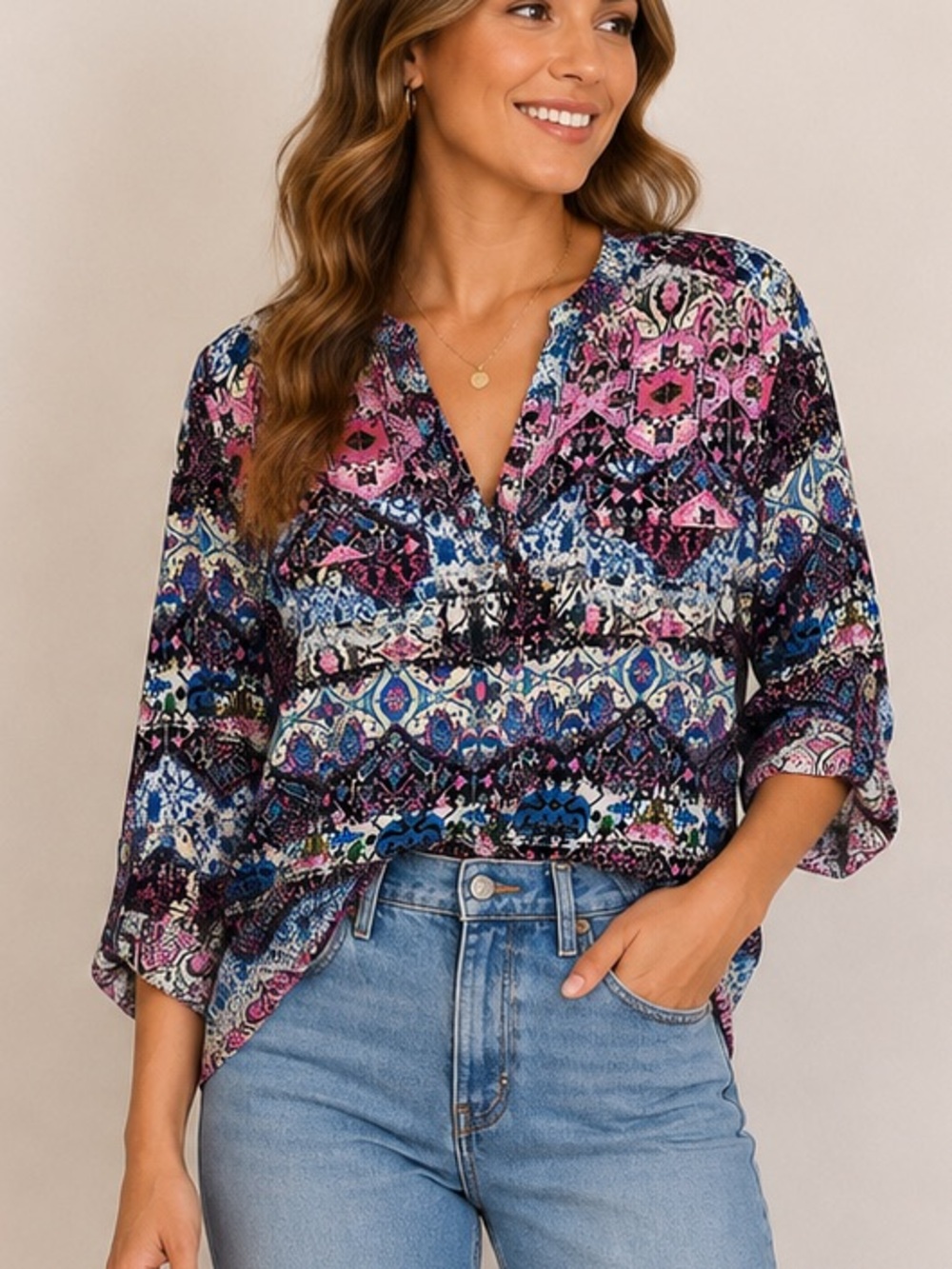 Cathy Women’s Printed V-Neck Tunic Top in Pink & Blue